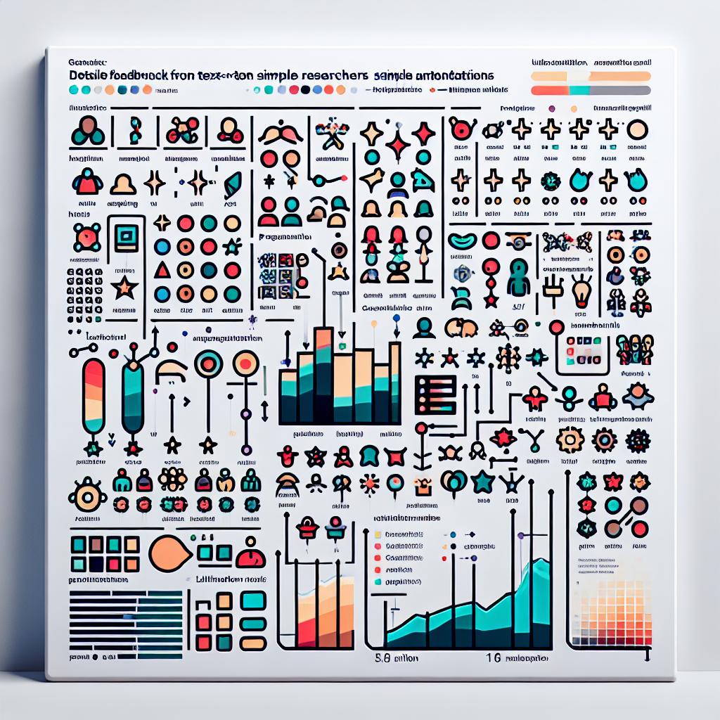 Generate a 2D flat, corporate style vector image, set against a white, texture-less backdrop. It represents the detailed feedback from human researchers on text-to-image generation models, addressing the limitations of simple annotations through a data visualization graph. It encapsulates 1.5 million annotations from over 150,000 contributors aiming to enhance the models. The graph should symbolize the users' annotations on various generation models, highlighting problem areas, and positive feedback. It should include colorful icons representing feedback, user annotations, and selections. Furthermore, different color shades should indicate varying feedback levels. The backdrop should subtly include AI elements like codings or graphical representations of models.