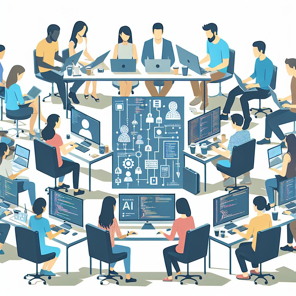 Create a 2D, vector-style image that is corporate and flat. The image has a blank and texture-free white background. The central element is a scene of a hackathon with developers collaborating on AI projects and interacting in real time. There is a diverse representation of people, with an East Asian woman, a Middle-Eastern man, and a Hispanic woman, all focused on coding on their computers. The atmosphere is of a collaborative event where creativity is promoted, underlining the idea of diversity in technology and their essential tool - computers.