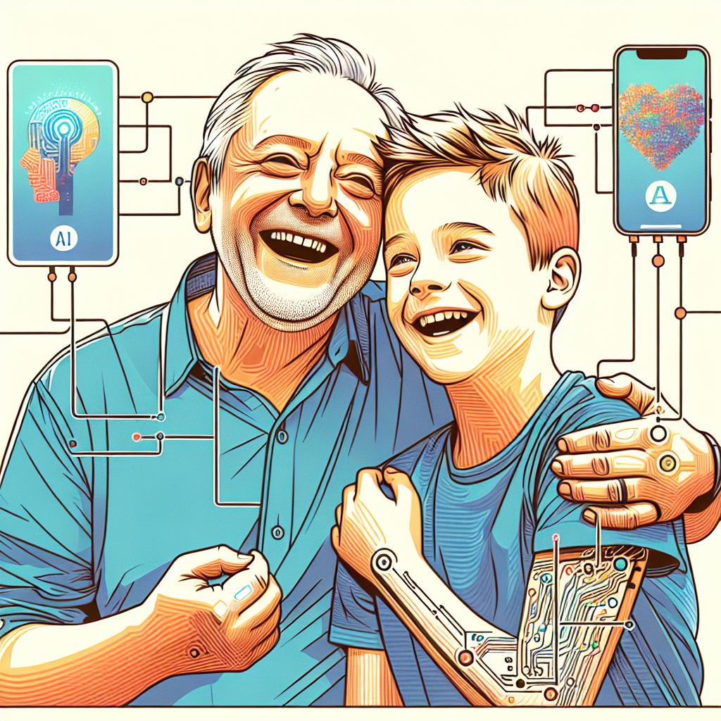 Create a poignant image set in a 2D, linear perspective. Imagine a man with ALS, Dan, using AI technology to communicate with his son which showcases an emotionally resounding depiction of restored connection through innovation. Both of them have gleeful expressions, symbolizing genuine bonds and shared happiness. The visible technology elements signify the application of AI. Apply a vector, flat, and corporate art style, with a texture-less white background. Emphasize warm colors to evoke feelings of hope and love.