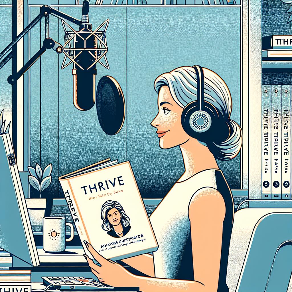 A detailed illustration in a white, untextured background with flat, corporate, and vector style, captured in a 2D linear perspective. It features a scene of a female author, non-specific in identity but symbolizing Arianna Huffington, recording her audiobook using advanced AI technology. She demonstrates characteristics such as light-toned complexion and medium build. The narrator is surrounded by modern recording equipment, symbolizing the evolution of content creation. The environment is softly lit, signifying the comforting approach of the narrator towards well-being. Copies of the 'Thrive' book are in the background, emphasizing the essential nature of the content.