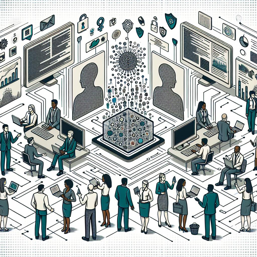 Create a 2D, linear perspective, corporate-styled vector illustration on a white, texture-less background. The image should portray an abstract representation of the positive impact of AI regulation. It should feature digital representations of AI systems interacting with a diverse group of developers in a collaborative environment. The developers should be seen of different descents including Caucasian, Hispanic, Black, Middle-Eastern, and South Asian. There should also be male, female, and non-binary individuals. Include elements such as computers reflecting the development infrastructure, programming code symbols denoting the developers' work, and protection symbols symbolising compliance with the legislation.