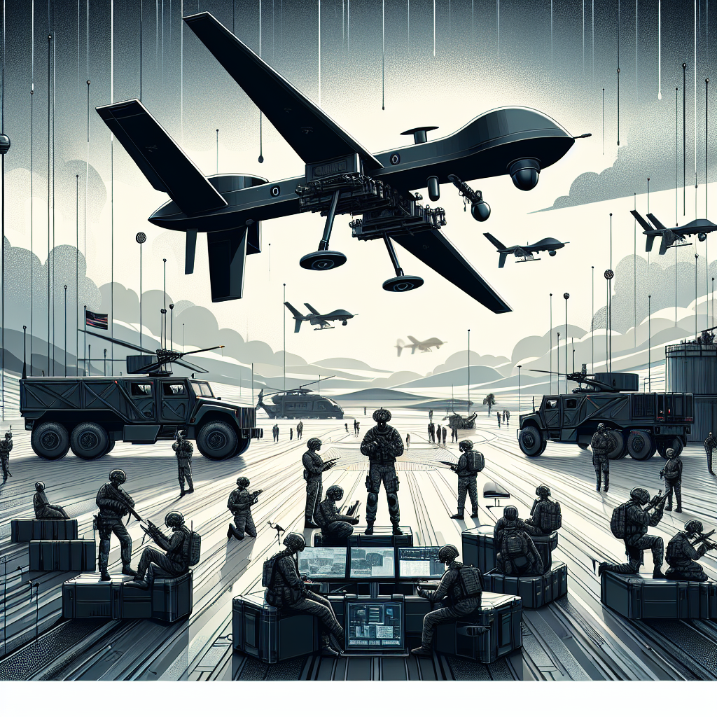 Depict a 2D, linear perspective scene in a flat, corporate vector style. The setting is a simulated battlefield with military vehicles in the background positioned under a dramatic sky. Floating above, is the cutting-edge Ghost-X drone, signifying the pinnacle of surveillance technology. In the foreground, soldiers of diverse descents and genders are interacting with control equipment, highlighting the integration of advanced technology into military operations. Dark and metallic colors permeate the image, conveying the solemnity and modernity of the technology at hand. Positioned subtly in the scene is also the logo of the company 'Anduril', reinforcing the entity responsible for the drone's development. The entire picture is set against a textured white background.