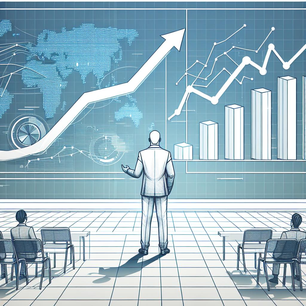 Create an image in a 2D, linear style. The perspective should be simple and flat, using corporate vectorial design elements. Set on a white, textureless background. Depict an unidentified but enthusiastic technology company CEO presenting future predictions. He is the central figure of the image, representing strong leadership. Beside him are rising graphs symbolizing technology expansion and high expectations. The setting is a professional presentation environment, suggesting a scene of innovation.