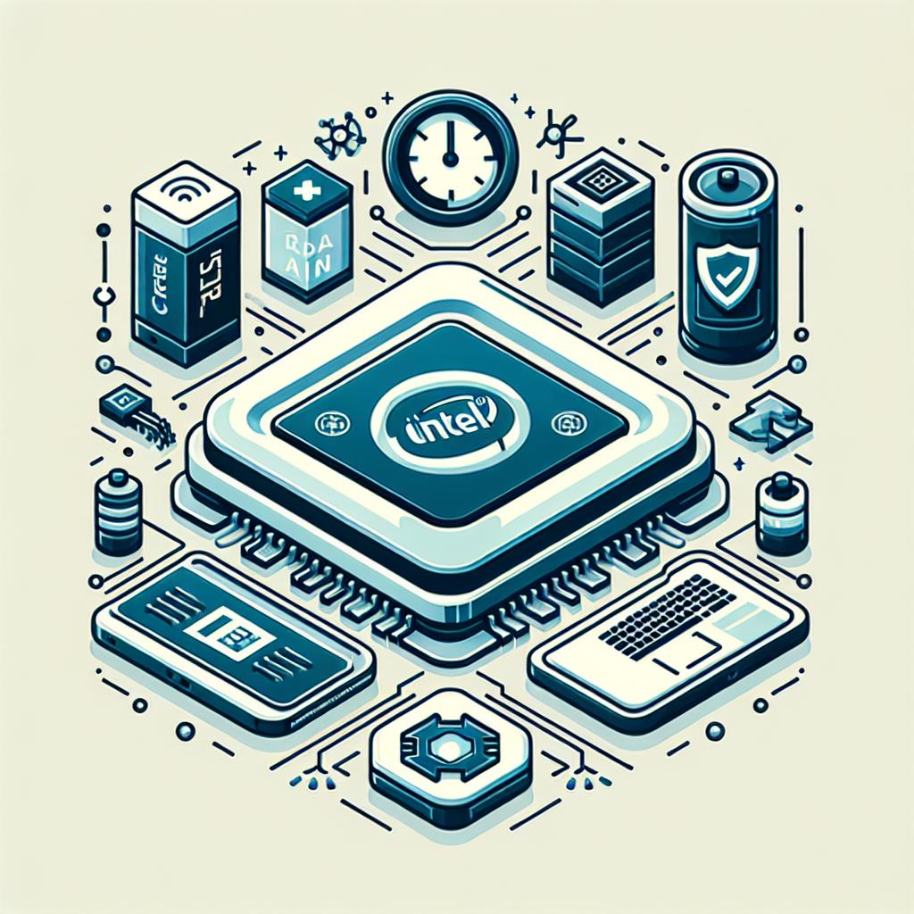 Create a digital 2D vector illustration with a flat, corporate style on a plain white and textureless background. The focal point will be the newly revealed Intel Core Ultra processors. Intermingled with these processors, portray symbols representing artificial intelligence, data security, and energy efficiency. For artificial intelligence, use an icon most commonly associated with it. For data security, use a shield symbol, and for energy efficiency, depict a clock entwined with a battery. Lastly, include an amplified laptop that represents the target audience—creators and gamers.