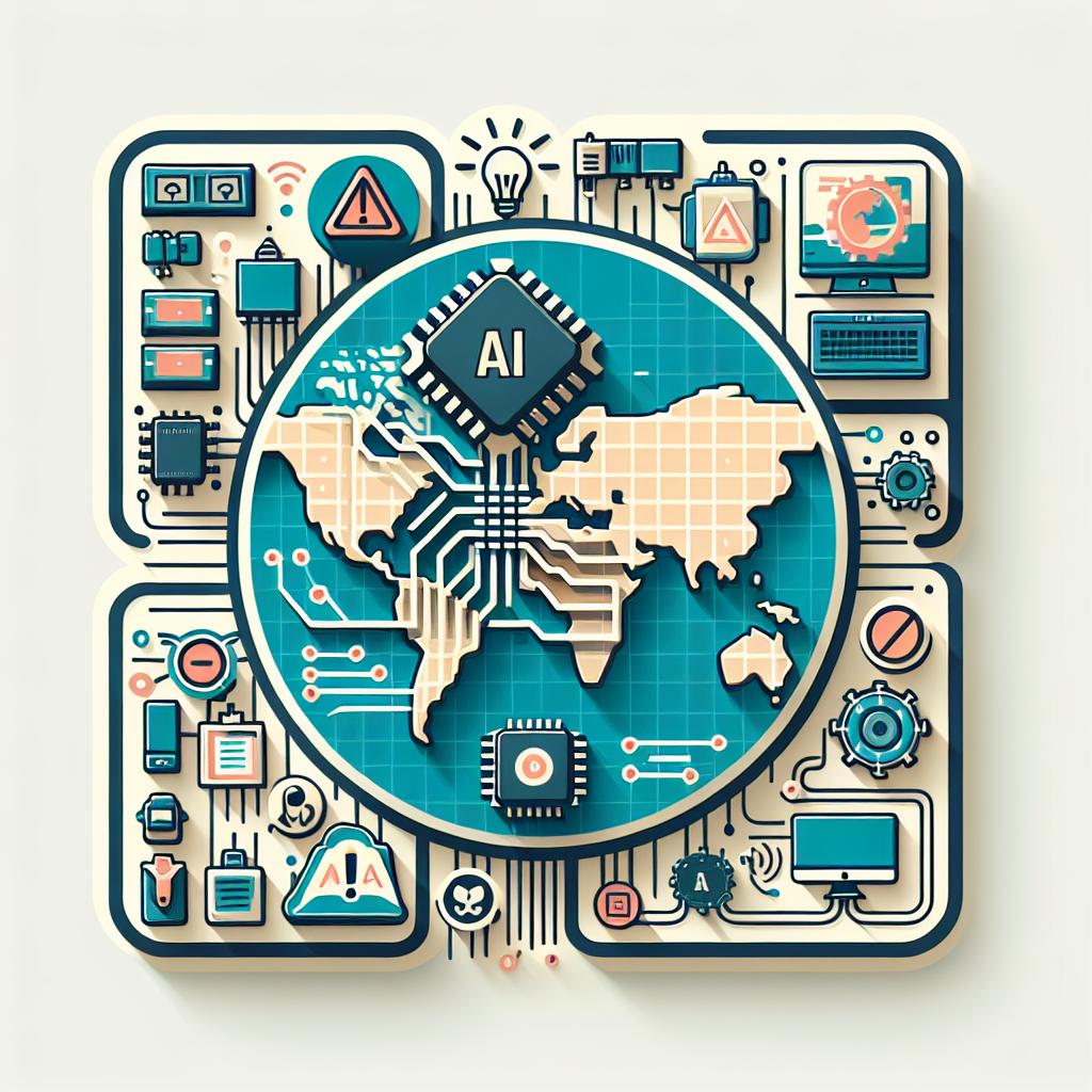 Create a vector-style, flat, corporate 2D, linear perspective image on a white, untextured background. The image should depict AI chips signifying cutting-edge technology, coupled with a world map illustrating the countries that are being affected by possible export restrictions. Additional elements could include safety symbols emphasizing safety issues, and a tech-focused setting pointing to the future of AI. Employ sober colors to portray the seriousness of the issue. Please note that the image should abstain from highlighting any single country or region.