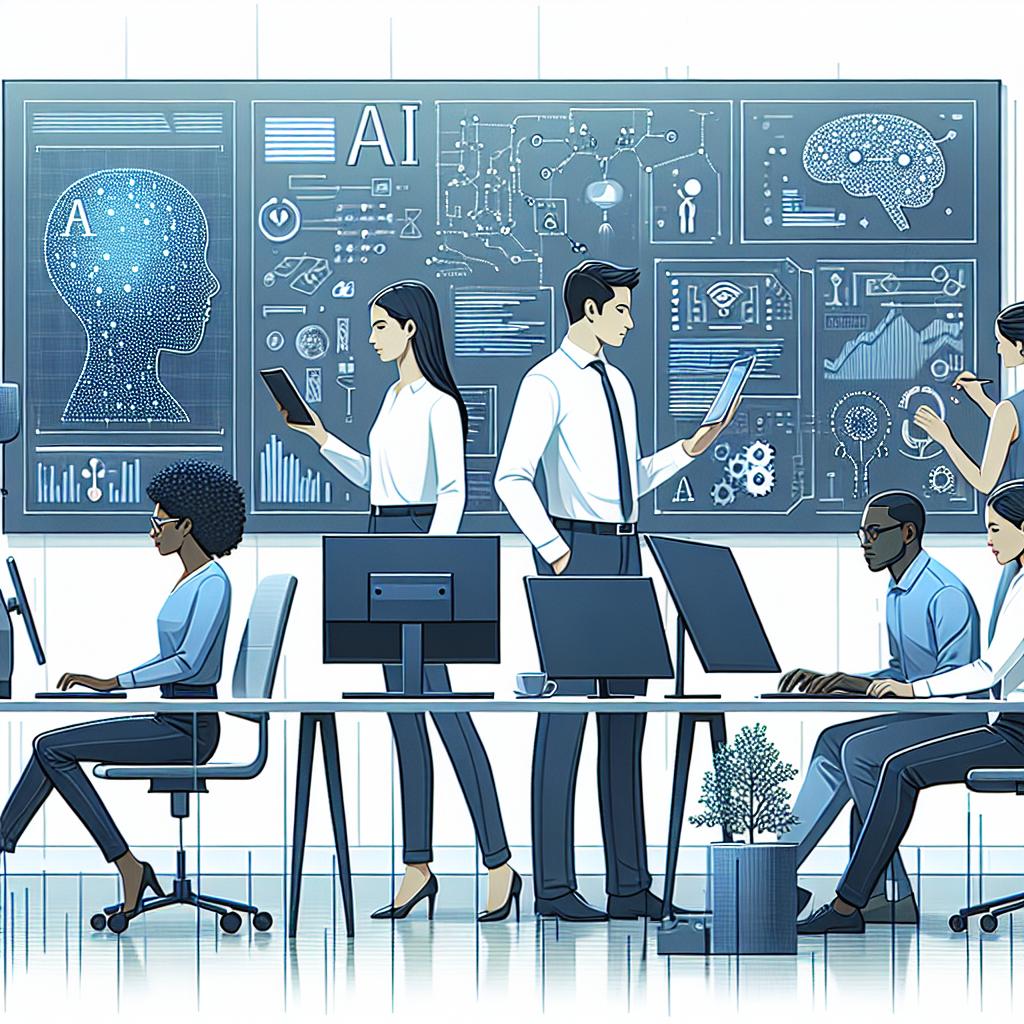 Visualize a 2D, flat, corporate-style illustration in a modern workspace setting. This image should depict a diverse team of AI specialists; a Middle-Eastern man is focused on a monitor displaying advanced data graphics, a Caucasian woman is actively programming on a laptop, a Black woman is brainstorming ideas with algorithms on a smart board, and a South Asian man is working with an AI model on a tablet. The background is white and textureless, with subtle technological elements such as circuits and data charts dispersed throughout the scene, emphasizing the themes of advanced technology, analysis, inclusivity, innovation, and progress.