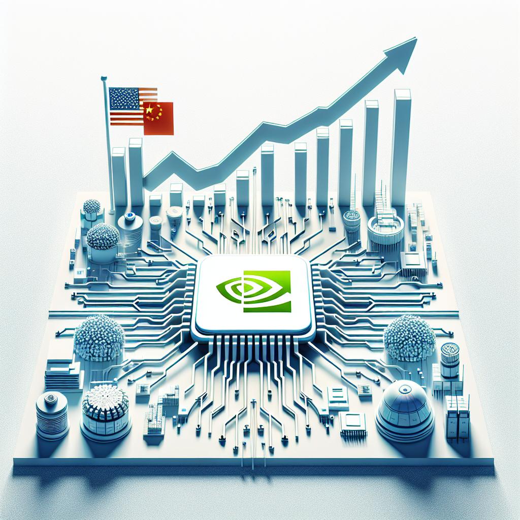 Show a white, texture-less background with a 2D vector style image. On one side of the image depict a symbolic representation of the Nvidia AI chip, signifying USA's contribution to technology. On the opposite side represent several Chinese AI chip logos, symbolizing China's growing self-sufficiency in technology. Between them, depict an intense competition happening. Behind them, show an upward trending graph, illustrating the growth of China's local chip production. The overall tone is corporate and flat.