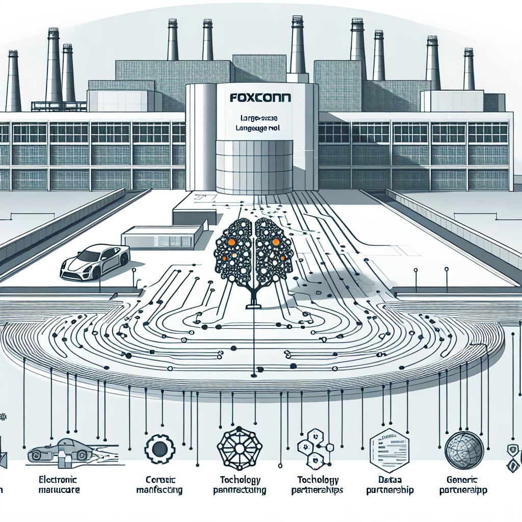 Visual representation of a large-scale language model called 'FoxBrain' showcased against an industrial backdrop symbolising electronic manufacturing. The image is to be designed in a flat, vector, and corporate style. The background should be white and textureless with a 2D and linear perspective. Additional elements to include are a modern factory to represent Foxconn's operational environment, data graphs to symbolise the data analysis and decision-making, and generic technology partnership logos to emphasize the technology partnerships that enabled the model's development.