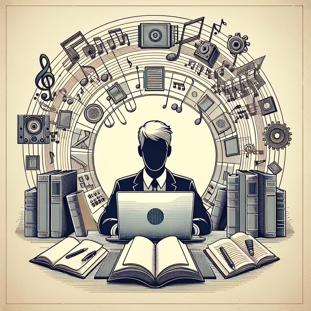 Create an image in a 2D, linear perspective, in a vector, flat, corporate style set against a white, textureless background. The centerpiece of the image is an author of any descent and any gender, working on a laptop where the interface of ElevenReader Publishing is displayed. The environment around the author is adorned with books symbolizing the foundation of literary creation, a couple of headphones indicating the auditory experience, and musical notes indicative of the aural storytelling associated with audiobooks.