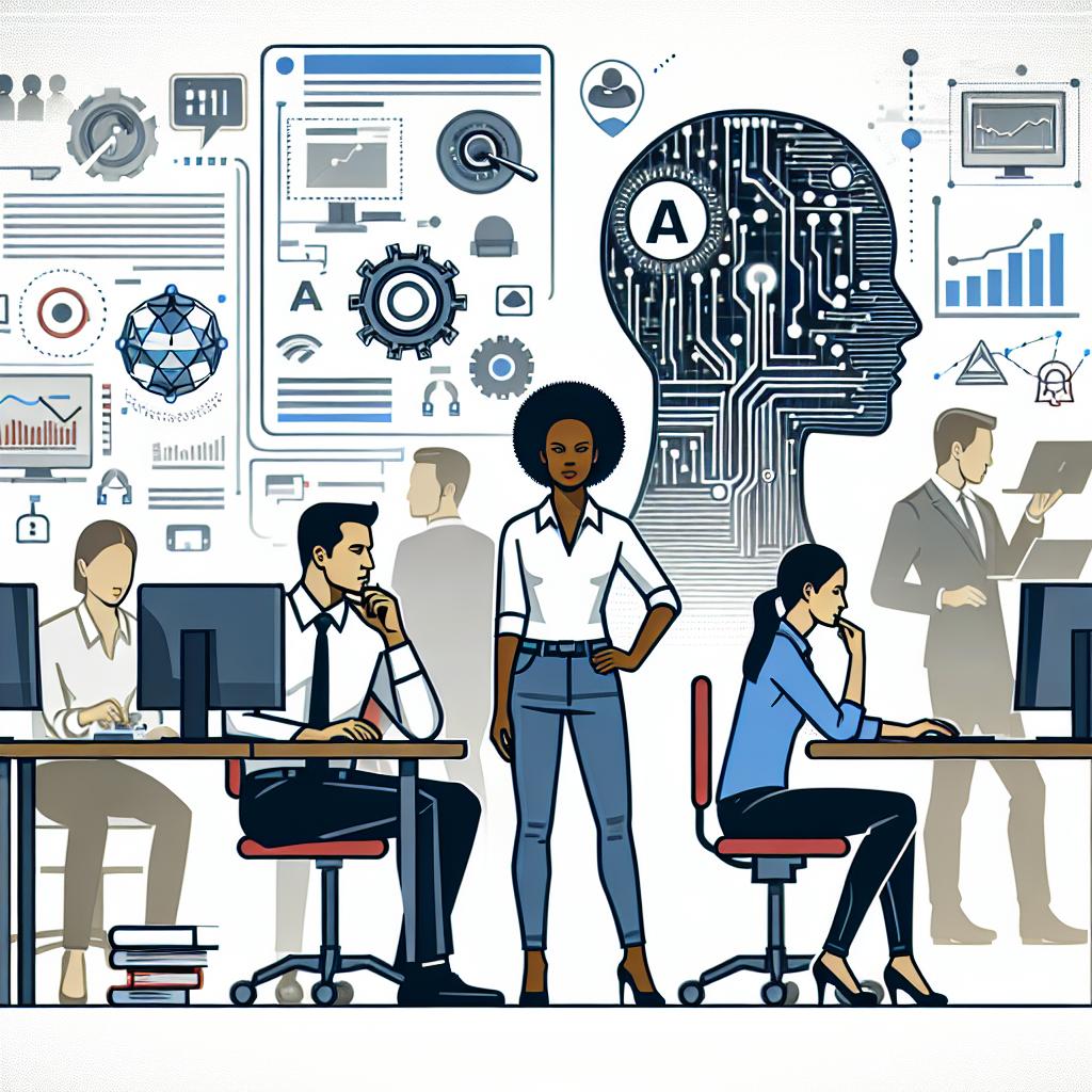 Illustrate on a 2D perspective with a white, textureless background a corporate, flat and vectorial scene of a diverse team at work integrating Generative AI into their processes. It could include a Hispanic man and a Black woman, two of the colleagues, seen collaborating on technology. Complex data is visualized on chart graphics in the backdrop, symbolizing ongoing analysis. Computers scattered around the scene denote automation and information processing. Subtly incorporate icons of AI here and there, highlighting the ubiquitous presence of artificial intelligence.