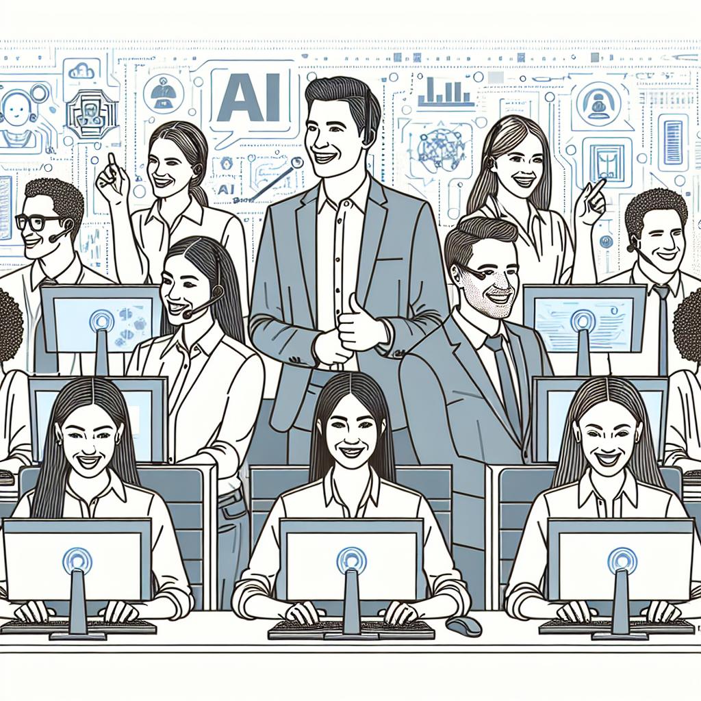A modern, 2D linear vector illustration on a white, textureless background depicting a diverse corporate support team consisting of Hispanic and Middle-Eastern men and Caucasian and South Asian women. They are joyfully working with interactive screens and keyboards, with their smiles symbolizing satisfaction from automation. Detailed graphics on their screens, showcasing increased efficiency and advanced technology. Incorporate AI icons into the design, highlighting the role of artificial intelligence in the automation process. The background should be filled with a subtle technological motif to emphasize the innovative environment.