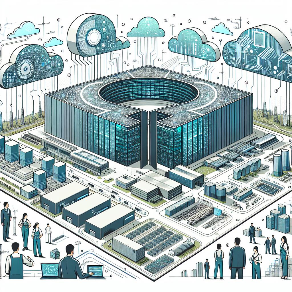 Create a vector, flat and corporate style 2D image with a linear perspective of South Korea's upcoming largest artificial intelligence data center, being developed by Fir Hills, a division of Stock Farm Road, Inc. The illustration shows a panoramic view of the futuristic data center under construction set to begin in the winter of 2025. Dedicate a significant space to elements symbolizing technology and innovation like circuits and data clouds on a white and textureless background. Incorporate modern architectural elements indicative of the center's innovative design. Also, intersperse images of male and female workers of various descents including Hispanic, Middle-Eastern, South Asian and Caucasian, symbolizing job creation. Use hues of blue and green to evoke a sense of reliability and innovation.