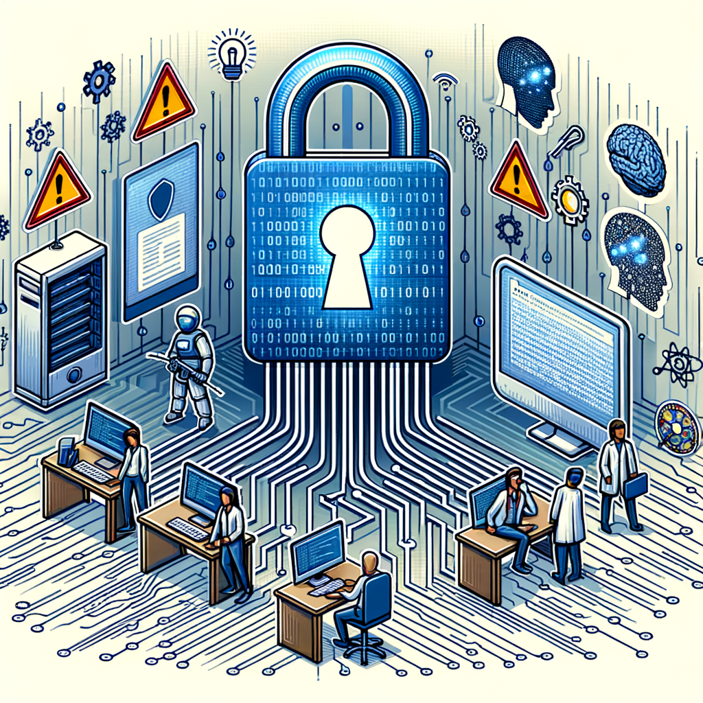 A vector, corporate styled illustration associated with the expansion of a bug bounty program on Artificial Intelligence (AI) systems. In view, a flat 2D, linear perspective artwork on a straightforward, texture-less white backdrop. Key elements include a padlock, interpreted as a symbol of AI systems' security and protection, alongside streams of binary code, exemplifying the technical nature of the AI models. The illustration also pictures researchers, represented to depict the global security community's collaboration, and computers symbolizing the control testing environment. Finally, warning signs are included, indicating the identification of critical vulnerabilities.