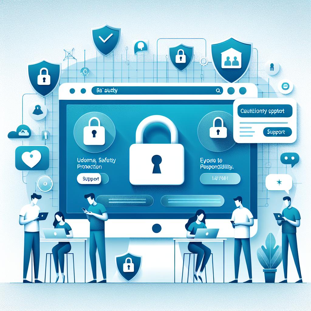 Create a 2D, flat, corporate-style vector image. The scene should depict a user-friendly interface representing safety updates made by a technology company geared towards user protection, especially for those under 18. The main elements should be security icons such as padlocks symbolizing protection and responsibility. Complement this with silhouettes of young individuals interacting with technology to represent the targeted demographic. There should be cautionary text elements emphasizing the importance of online safety and support visuals like contact numbers for assistance. Use a soft, blue background to give a sense of trust and calmness. The image should be set against a textureless white background.