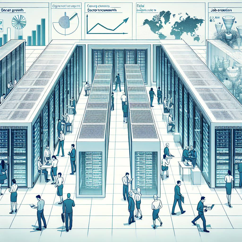 A modern data center, set in the future, featuring state-of-the-art servers and advanced technology, representing the digital infrastructure in the UK. The scene follows a flat, vector style with a white, textureless background. Within a 2D, linear perspective, the view includes people, males and females of various descents such as Caucasian, Hispanic, and Middle-Eastern, actively working, signifying job creation. The color scheme emphasizes shades of blue and green, evoking a sense of innovation and technology. Furthermore, growth charts depict the potential sector growth, while company logos - redesigned to maintain neutrality - highlight the scope of investment in the region.