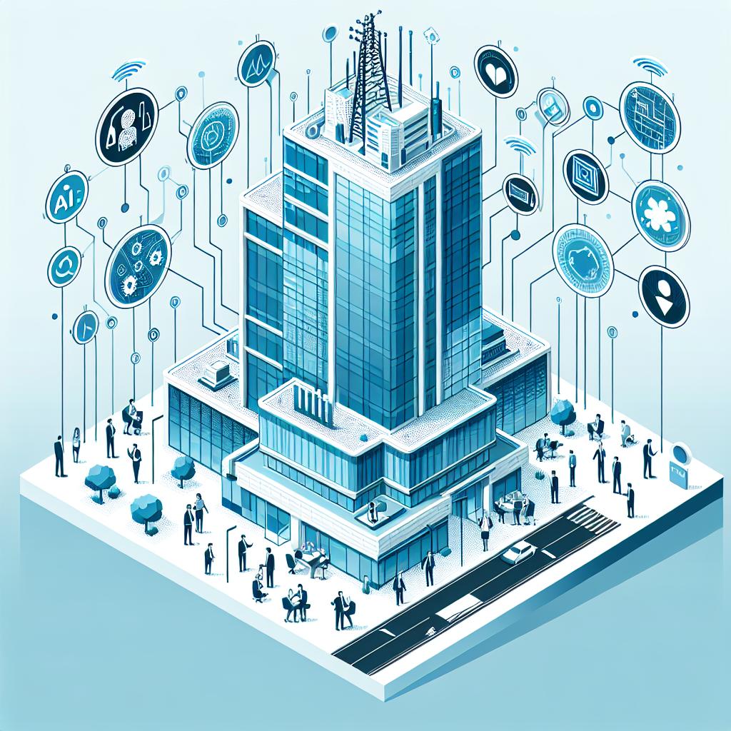 Create a 2D vector image that depicts the headquarters of a telecommunications company. The building should symbolize technological innovation, maybe characterized by electronic circuits and progress graphs, reflecting the collaborative spirit and new directions in AI research. The company's logo can be creatively integrated into the architectural design of the building. Include some employees of varied descents and genders, collaborating and working on technology. Convey the application of AI in the healthcare sector, possibly through healthcare icons. Please keep the illustration largely corporate and flat, with a white and texture-less background.