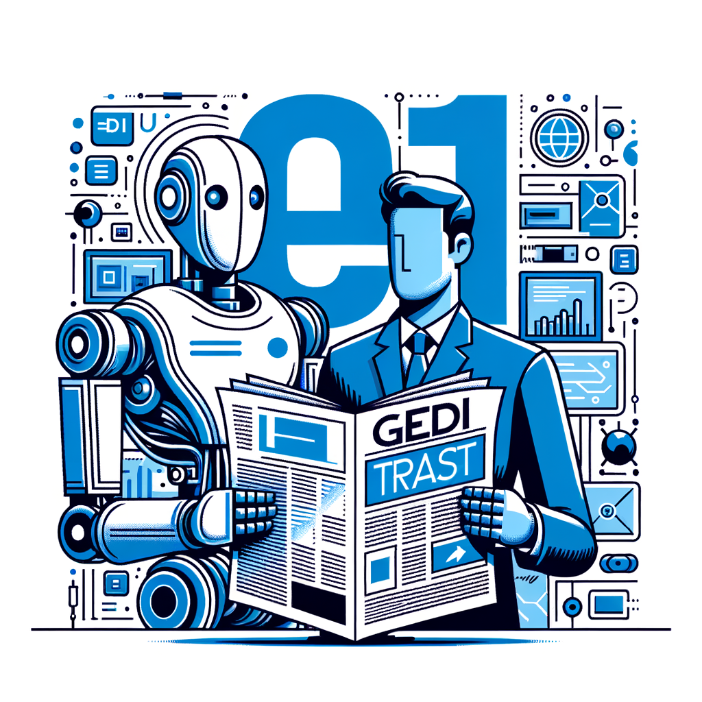 Illustrate an image in a 2D, vectorial, flat, and corporate style. Depict a robotic figure on the left, symbolizing OpenAI, and a newspaper on the right, representing the Italian media group GEDI. The robot and newspaper should be featured prominently to show the strategic partnership between the two. Incorporate a background that blends elements of technology, signifying AI innovation, and media elements to symbolize digital transformation. The primary color scheme should be blue and white, displaying trust and clarity. The overall composition should be set against a plain white background.