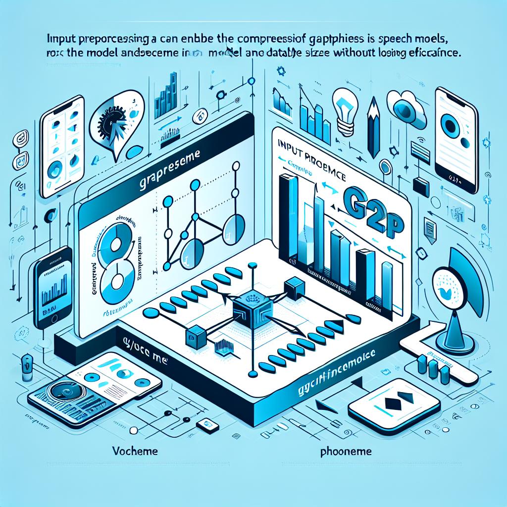 Create a 2D, linear perspective vector image on a plain white background. The image will illustrate the recent research about G2P (Grapheme-to-Phoneme), suggesting that input preprocessing can enable the compression of speech models, reducing the model and dataset size without losing efficacy. Include comparative charts that visually represent the efficiency of different speech models. Incorporate voice icons indicating the transformation of graphemes into phonemes, represented by arrows. To set a modern ambience, include subtle technology elements in the background. To communicate innovation and technology, embellish the image with blue and green colors.