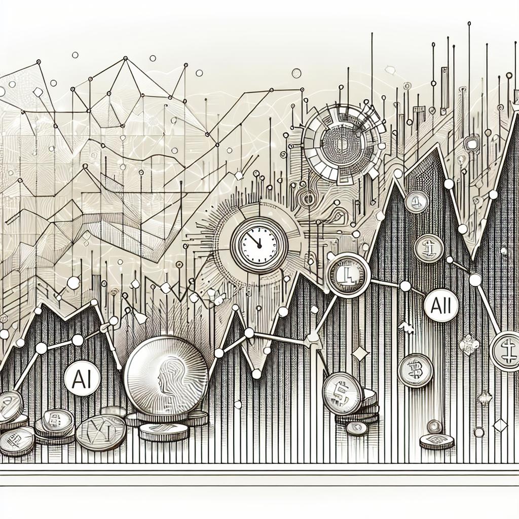 Imagine a clean, corporate-style vector image in 2D linear perspective. The image is set against a white, un-textured background and portrays the intersection of technology, investments, and innovation. It contains the following elements: stock market graphs depicted in varying heights to illustrate recent volatility in technology stocks, with symbols of AI incorporated within the peaks and troughs to represent the role of technology in the market. To symbolize the impact on cryptocurrencies, a subtle background of various coin icons is spread throughout. Lastly, a clock centrally placed in the image, emphasizes the concept of time in investment.