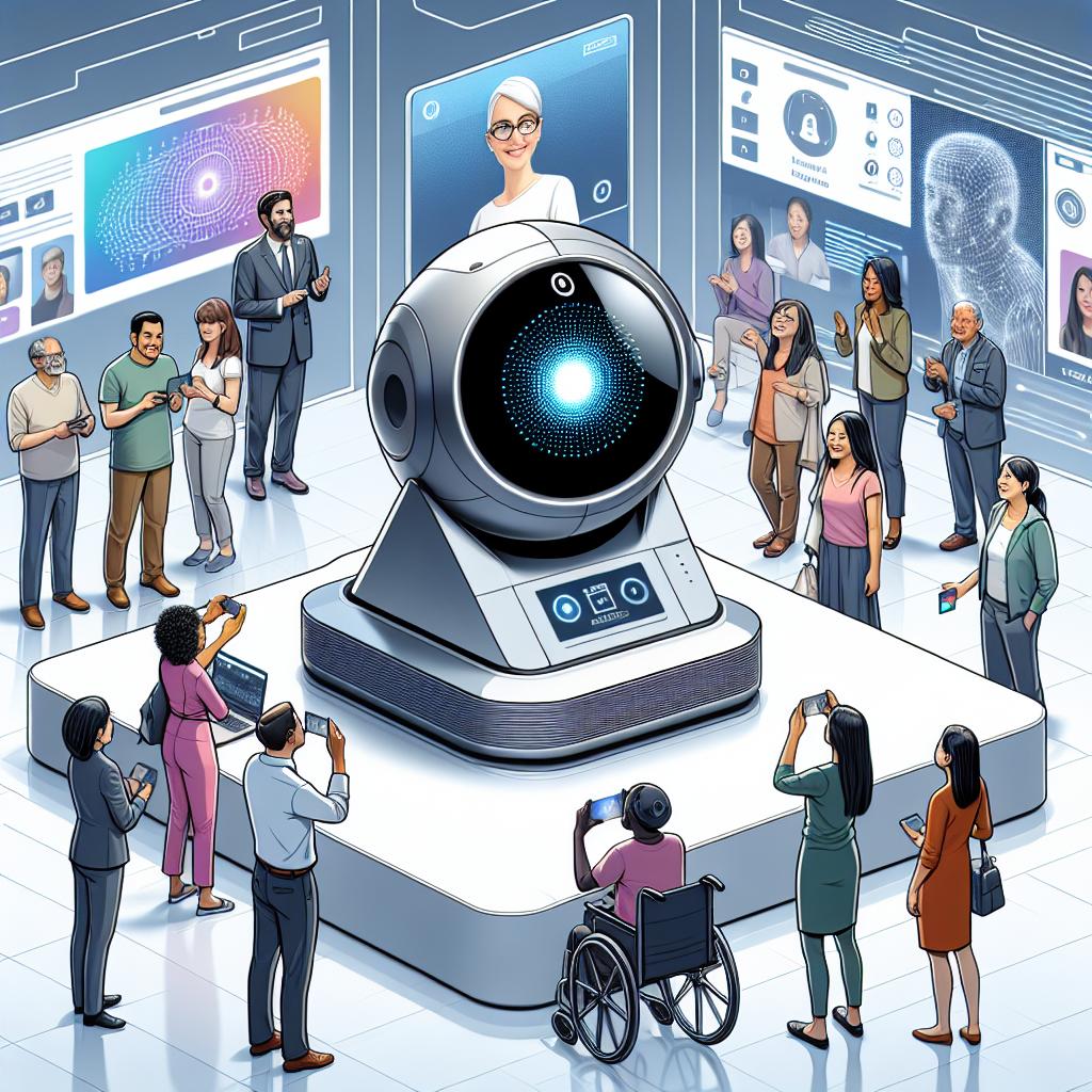 Create a digital 2D image in a flat and corporate vector style on a textureless white background. The image showcases an innovative eye-tracking device presented at a technology exhibition called 'Tech World' by Lenovo in partnership with the Scott-Morgan Foundation. This device uses artificial intelligence to aid in the communication of individuals with Amyotrophic Lateral Sclerosis (ALS), allowing them to speak with their eyes. Depict the eye-tracker in use with users demonstrating and enjoying the technology in an exhibit setting. The users of diverse descents including Caucasian, Hispanic, Black, Middle-Eastern, and South Asian are engaged with the technology and are smiling, symbolizing hope and new life in communication. Ensure also to depict the Lenovo logo, subtly indicating the company responsible for this innovation.