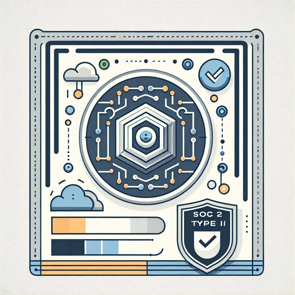 Create a corporate and flat style image in a 2D, linear perspective on a white, textureless background. The image features the logo of a fictional company called Codeium placed beside a SOC 2 Type II certification seal, symbolizing security and reliability of the platform. Make sure to use sober colors to convey seriousness and trust.