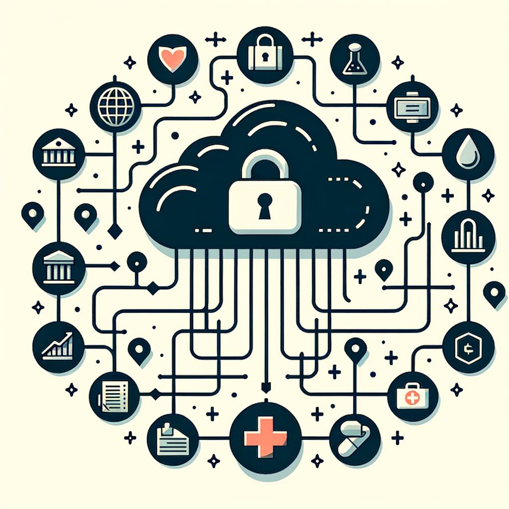 Generate a flat and corporate-style vector image on a plain, untextured white background. The image should visually represent the Cloudera Private Link Network. In the center, depict a cloud with a lock symbol in it to symbolize secure cloud connectivity and data security. From this cloud, create connection lines extending to various industry icons, such as a simplified bank for finance, a red cross for healthcare, and a capsule or test tube for the pharmaceutical sector. These icons represent sectors the network caters to. Include the generic logo resembling a stylised 'C' in the lower right corner, to represent the Cloudera brand.