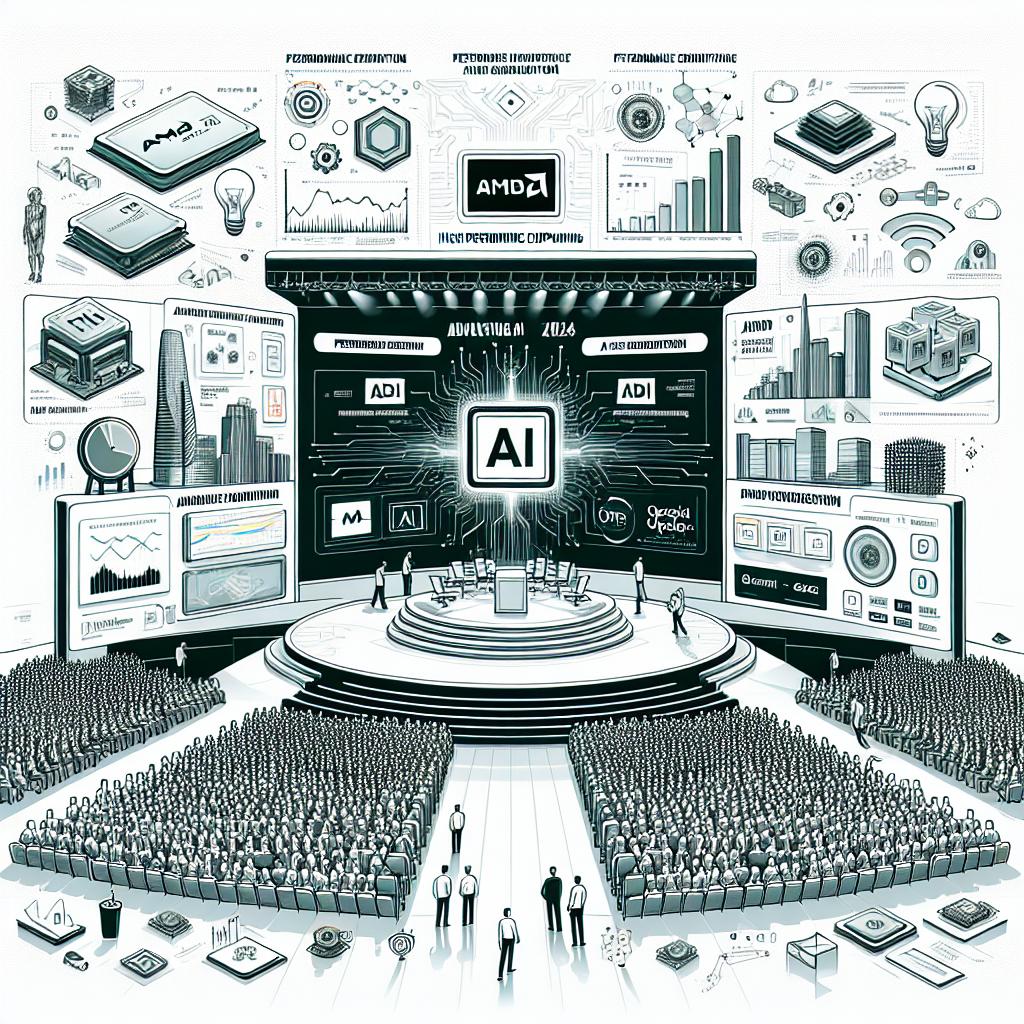 Illustrate a corporate event named Advancing AI 2024, taking place in San Francisco. The stage shows the latest creations of AMD in high performance computing and artificial intelligence solutions including 5th generation EPYC processors and AMD Instinct MI325X accelerators. Some of AMD's major partners such as Microsoft, OpenAI and Google Cloud are present. The image combines elements of AI technology innovation, including performance graphs and AMD logos, symbolizing the new products displayed. The style should be vectorial, flat, and corporate, with the image having a white, untextured background. The perspective is 2D, linear. Also, add elements like the AMD logo which symbolizes industry leadership, performance graphs as visual representations of efficiency advancement, and scenes of conferences to underline the importance of networking and knowledge exchange.