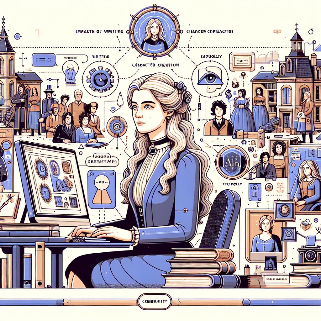 Create a 2D linear perspective, vector-style flat corporate image on a plain white, untextured background. Ellie, a Caucasian female creator from Wisconsin, is central to the scene, symbolizing the union of writing and AI. She's seated in a creatively-influenced environment, surrounded by books and technology, specifically she's sat in front of a computer. The backdrop abounds with visual elements reflective of Victorian and Medieval eras which signifies Ellie's interests in character creation. Also incorporate visuals signifying community, portraying interaction with other creators.