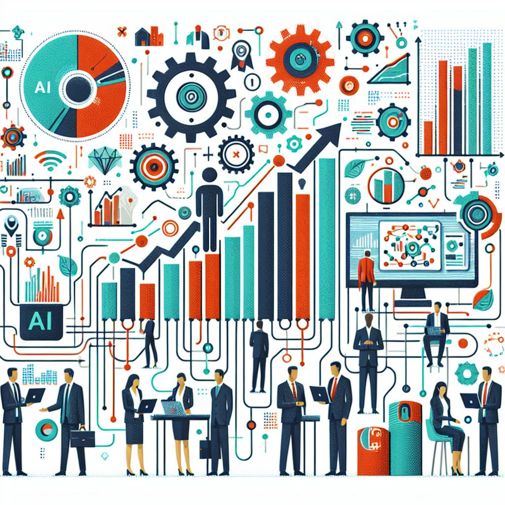 Create a 2D, vectorial, flat, and corporate style image on a white, texture-less background. The illustration represents the advancement of AI technology in businesses. It should involve elements such as growth charts symbolizing the increased investment in AI and executives of various descents and genders interacting with technological devices, emphasizing the practical application of the technology. The corporate setting should illustrate the integration of AI in companies' daily lives. Use vibrant colours to convey the concept of innovation and progress.