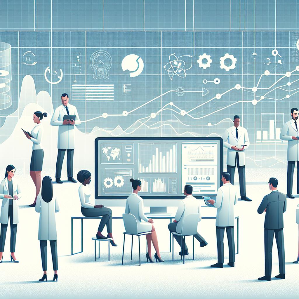A corporate styled, 2D, vector illustration representing the innovation and evolution of synthetic data generation. The scene includes a white, textureless background and takes place in a laboratory setting. At the center of the frame, a diverse mix of scientists, including a Caucasian woman, a Black man, and a Hispanic woman, are gathered around a computer. The computer screen displays various graphs, symbolizing the data analysis aspect of their work. In the background, a large growth chart signifies the progressive increase in synthetic data generation throughout the years.