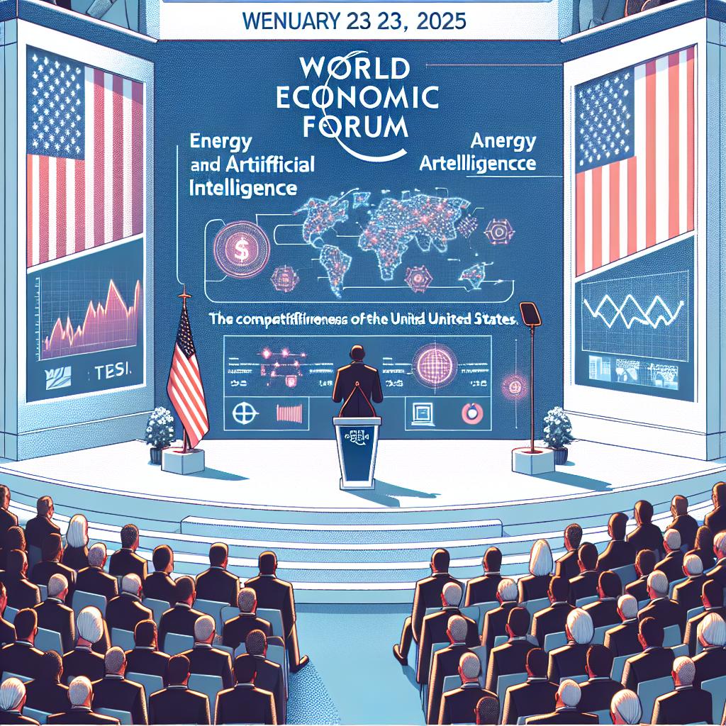 Create an image in a vector, flat, and corporate style on a white, texture-free background from a 2D, linear perspective. The image depicts a distinguished public figure giving a noteworthy speech at the World Economic Forum on January 23, 2025, emphasising the intersection of energy and artificial intelligence, and highlighting its importance to the competitiveness of the United States. Include attentive audience members to signify global interest in the speech, the World Economic Forum logo to signify the event's location, charts about technology investment to visualise the mentioned figures, and colours from the US flag to highlight the patriotism in the statements.