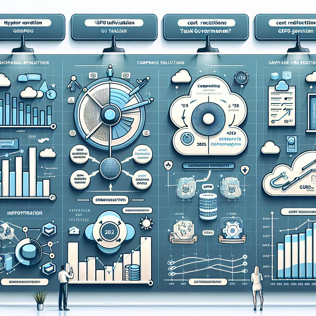 Create a vector-style, flat, 2D, and corporate-themed image against a white, texture-less background. This image illustrates the benefits of the innovative solution, 'HyperPod Task Governance', introduced by a renowned cloud service provider during the AWS:reinvent 2024 conference. The graphical representation should include GPU utilization graphs denoting a significant increase in efficiency, infographics showcasing cost reductions, and a timeline graph highlighting the different adoption phases of this technology.