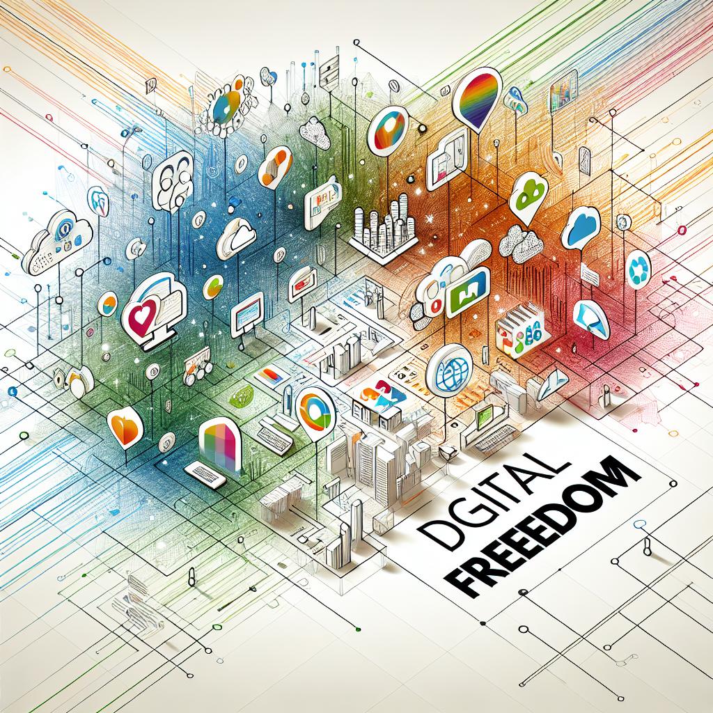 A 2D, linear perspective image showcasing the new era of social media in a flat, corporate, and vector style. The image is set on a white, texture-less background and it portrays an openly structured social network that symbolises freedom and innovation. It should include icons representing different communities, symbolising diversity and inclusiveness. These communities are interconnected, forming a vibrant digital network that evokes a sense of collaboration and independence. The colors used for this digital network and icons should be vibrant, instilling feelings of optimism and innovation. Include a text that says 'Digital Freedom', reflecting the central intent of the image.