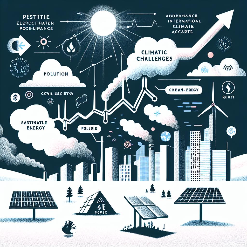 Title: Climatic Challenges Ahead
Image description: A graphic representation post-election phase in a country hinting toward drastic changes in their environmental policies that may risk the progressive actions taken by the previous administration. This image signifies the potential impact on greenhouse gas emissions and adherence to international climate accords. The elements in the image symbolize pollution and sustainable energy.
Style: Vector-like, simplistic, and business-oriented style
Background: A white, textureless backdrop
Perspective: A 2-dimensional, linear view
Visual elements:
* Pollution clouds depict an expected increase in emissions
* Solar panels signify at-risk clean energy sources
* Urban areas impacted by climate change
* Symbols of public response indicating civil society's reaction