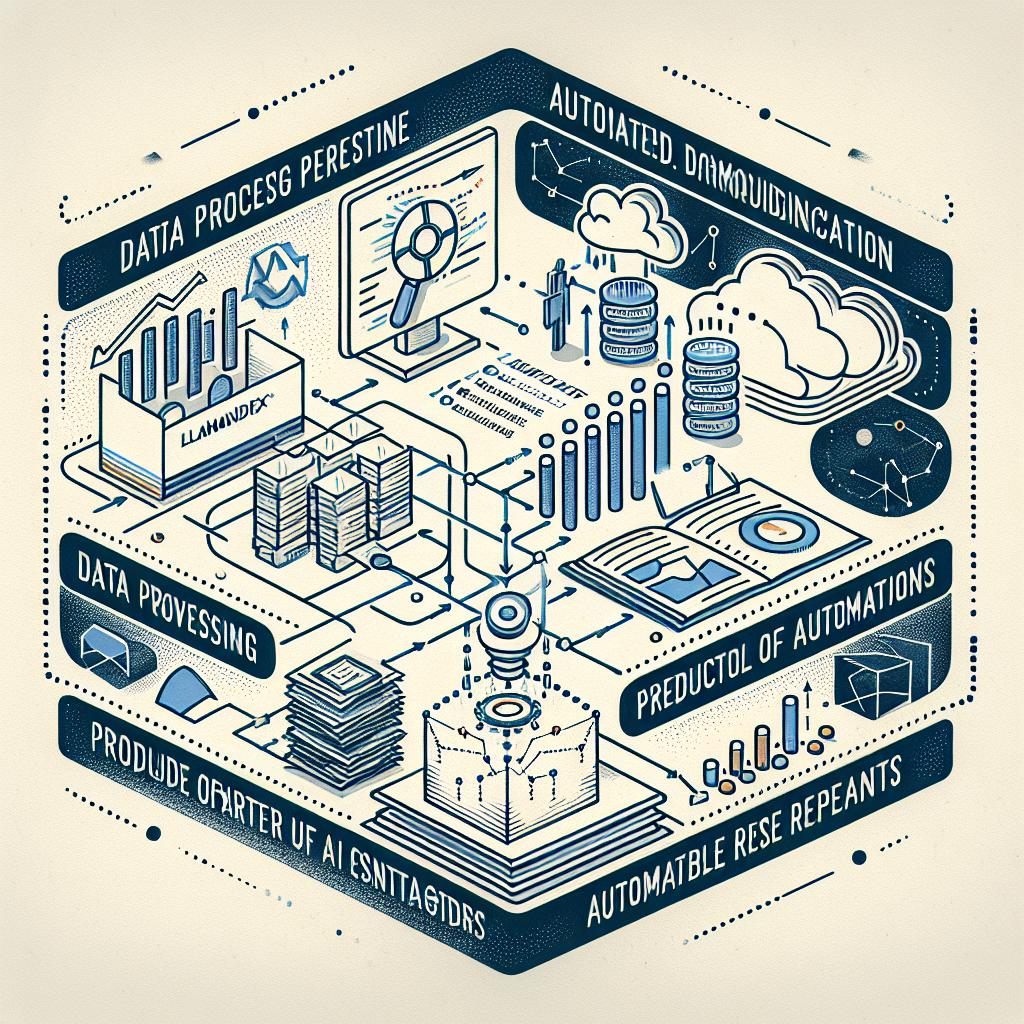 Create a 2D, linear perspective, vector-style corporate image with a textureless white background. The artwork should represent the collaboration between LlamaIndex and Google Cloud to develop smarter AI applications. The graphic should display data flow between LlamaIndex and Google Cloud's databases, emphasizing automated report generation. Incorporate additional elements like interconnected data repositories symbolized by databases, data processing automation represented by an AI agent, production of valuable insights indicated by reports, an easy-to-use interface signaling the accessibility of new tools, and data paths illustrating the interconnectedness and fluidity of processes.