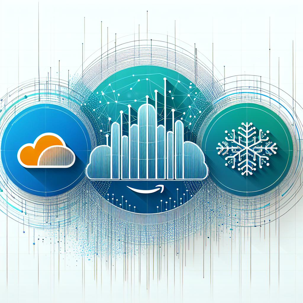 Imagine an abstract, corporate-style vector image demonstrating the data interoperability between Cloudera, AWS, and Snowflake. This 2D, linear image should be set against a white, texture-less background. Primary elements include the logos of the three companies, Cloudera, AWS, and Snowflake, symbolising their alliance. Moreover, data graphs are incorporated into the design, symbolising data analysis and interoperability. Use shades of blue and green to reflect technology and innovation.