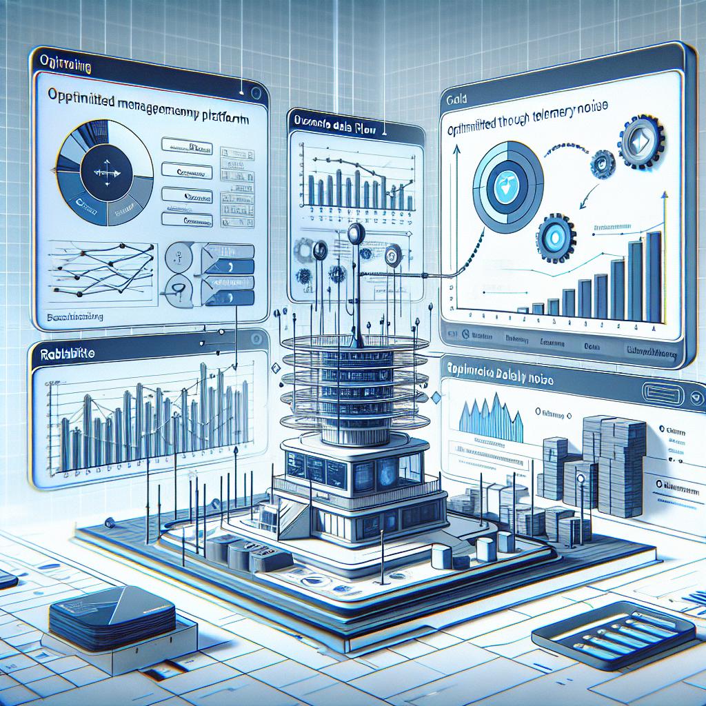Depict a scene illustrating the innovative data management platform by a California-based startup, Observo AI. Display a 2D, flat, corporate-style data flow optimized through the Observo AI platform, depicted in cold colors to suggest a sense of technology and innovation. Include charts and graphical elements that illustrate the reduction in telemetry noise. In the optimised data flow, include indicative arrows. Place the logos of big companies such as an unnamed data management company and an unnamed online billing company to highlight reliability. The entire scene should take place on a textured-less, white background in a digital environment.