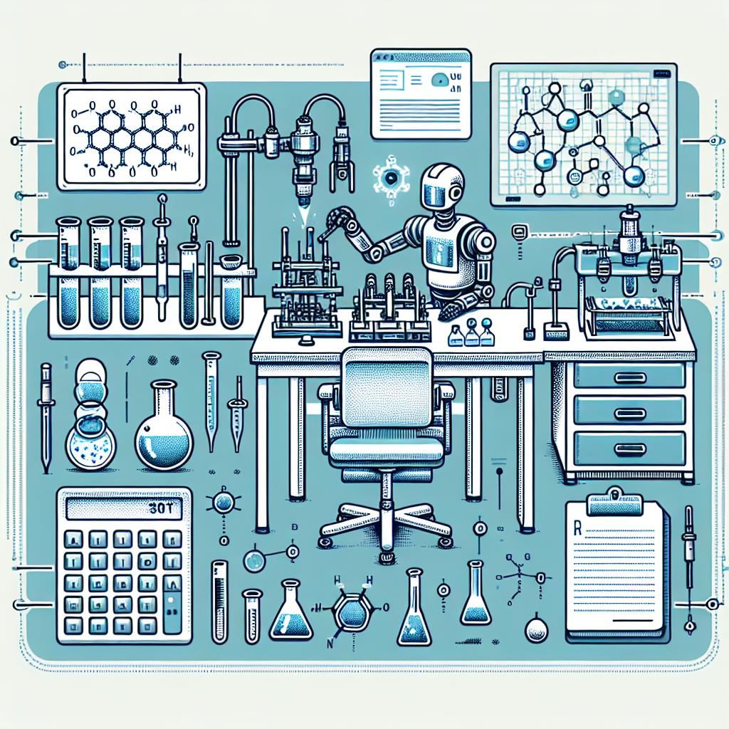 Create a finely detailed, 2D, linear and flat corporate style vector image on a textureless white background. This image should depict Organa, a robotic system developed by researchers for automating chemical experiments. Organa, symbolising automation in research, should be shown conducting an electrochemical experiment, surrounded by various laboratory equipment. It should also include chemicals, representing the substances the robot works with. In addition, include a table with data to suggest the analysis and feedback from the experiment.