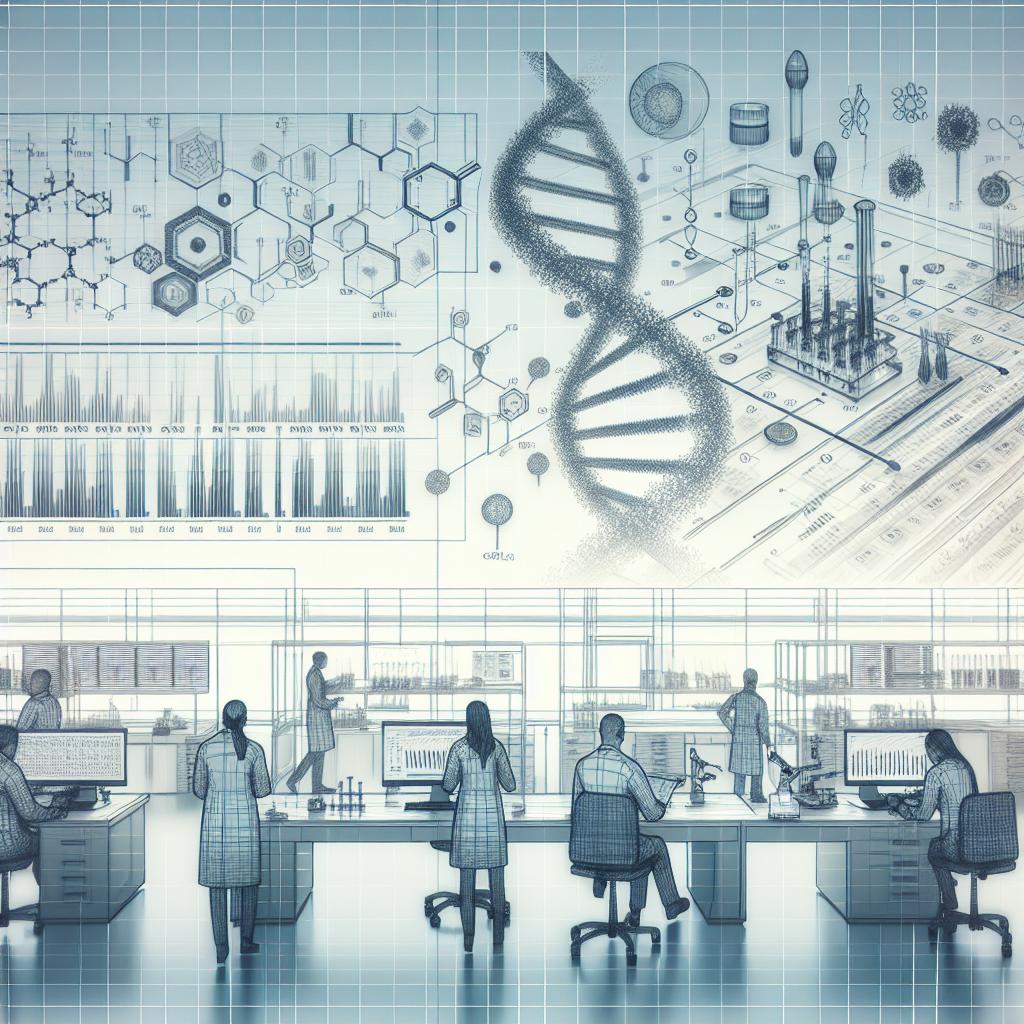 Generate a 2D, linear perspective image in a corporate, Vector-style aesthetic. The image should depict an intricate data chart symbolising the correlation of variables in genomic association studies, indicative of complex genetic research. Set against a smooth, white background, the scene should have a laboratory setting and feature scientists actively engaged in genetic studies. Include additional elements such as a genealogical chart representing the analysis of genetic variants to underline the scientific context of the image.