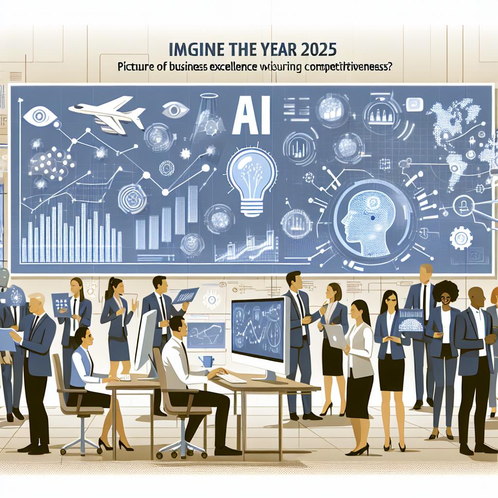 Imagine the year 2025 where businesses are highly focused on operational excellence, with Artificial Intelligence being a crucial tool for survival and competitiveness, as per the vision of Process Excellence Network. Picture a transformation in the business operations with a strong focus on AI. The scene should include diverse professionals comprising of both men and women representing different descents such as Hispanic, Middle-Eastern, and Caucasian, interacting with digital charts and procedural data. Vectors should be used in a flat and corporate style to represent an analysis of data and operational intelligence. The setting should be a modern office environment symbolizing innovative technology advancements and knowledge democratization. The background of the image should remain white and free from texture, maintaining a 2D, linear perspective.