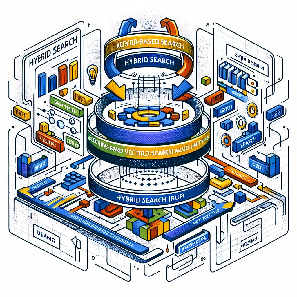 Produce a flat, corporate, vector-style, 2D linear perspective illustration that showcases the hybrid search concept. This concept reflects a technique that blends keyword-based search algorithms and vector search techniques. To give a sense of this specialized searching, the image should feature the interaction between dense and sparse vectors. Dense vectors, rich in information, and sparse vectors, focused on exact matches, should be expressed in an articulate and visually interesting manner. The image should also contain a flow diagram demonstrating the merging process of the results. Use a white and texture-less background, and use vibrant colors to accentuate the innovative aspect of the technique.