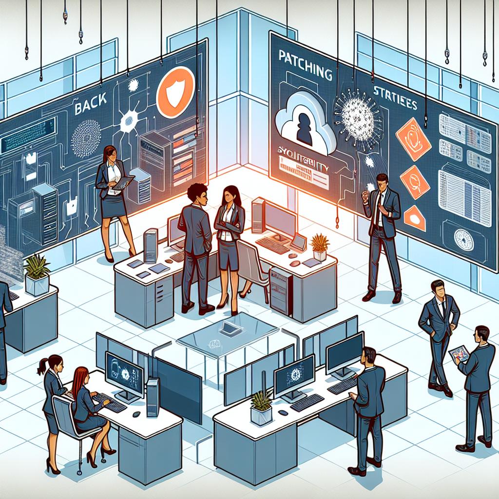 Generate a flat, corporate-style, vector image set in 2D linear perspective. The scene is technologically driven, situated in a modern corporate environment. The image portrays a diverse IT team discussing patching strategies. To include, a Caucasian female network security engineer, a Black male system administrator, a South Asian female cybersecurity analyst, and a Middle Eastern male IT manager. In the background, there should be computer screens and connected devices symbolizing the complexity of modern networks. The elements in the image include security charts representing varying levels of vulnerability, enhancing the technological backdrop. The canvas background is white and textureless.