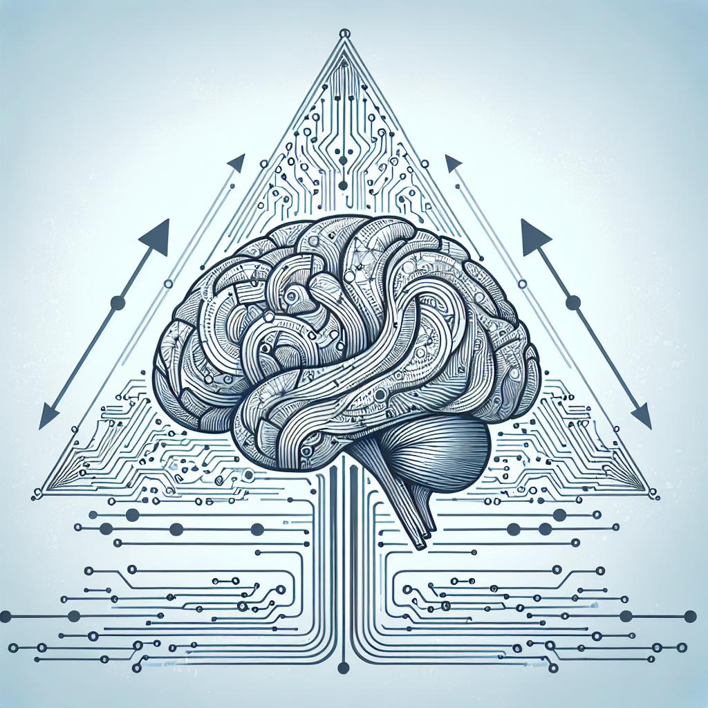 Create a detailed, hand-drawn style 2D, linear perspective illustration that symbolizes general intelligence. The design should be minimalistic, flat and corporate. Position a detailed human brain at the center of the image, intertwined with intricate electronic circuits, representing the fusion between biological and artificial intelligence. Apply a light blue color to the background, suggesting a technological environment. Insert curved arrows to highlight adaptability and evolution. Set on a white, untextured background. Please keep in mind to not add any text within the illustration.