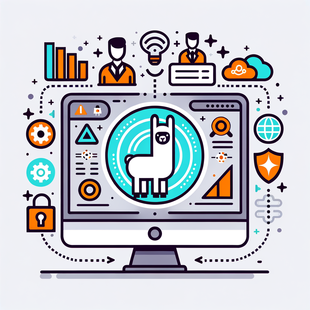 Create an illustration in a 2D, flat, and corporate style. Picture a computer screen displaying the interface of an innovative artificial intelligence helper tool, symbolized by a Llama icon. The screen also showcases productivity graphics, indicating the tool's ability to optimize repetitive tasks and enhance user productivity. Include a data protection symbol, depicted as a safety shield, emphasizing user data security. Convey collaboration and improved connection by visually representing a team working together. The background should be plain white, with no texture. Remain linear in perspective.
