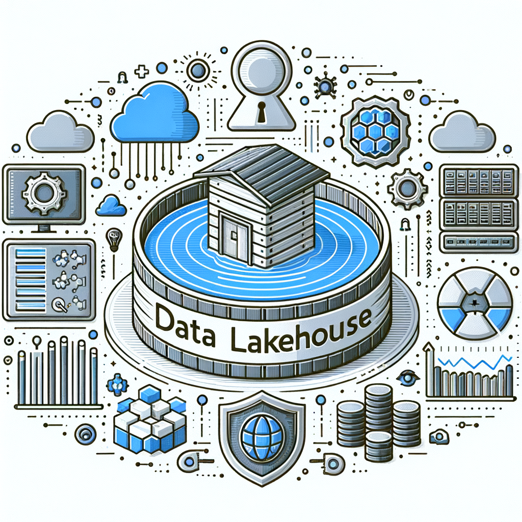 Create a 2D, flat style illustration on a white, textureless background. The digital painting should represent a digital data lake to symbolize the concept of 'Data Lakehouse'. Around the lake, add symbols related to artificial intelligence to denote the integration with AI. Also, include a security shield signifying the platform's security enhancements. Cloud elements should be present to depict its compatibility with private cloud. Incorporate data graphs to underline the importance of data analysis and business intelligence. Maintain the linear perspective and corporate look throughout the design.