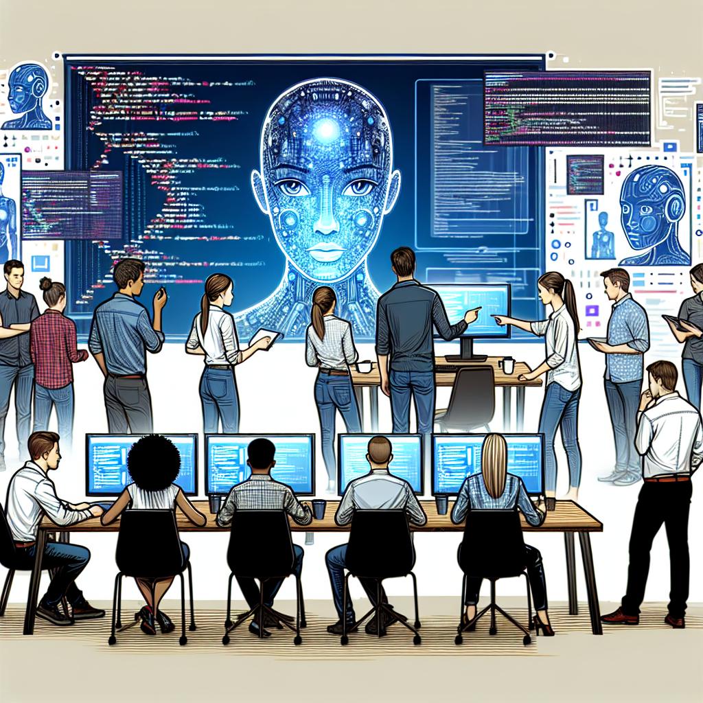 Illustrate an image in a 2D, flat, and corporate style on a textureless white background. The scene is set in a modern workspace, where a diverse group consisting of both male and female developers of varying descents (Caucasian, Black, Hispanic, and Middle-Eastern) are interacting with an advanced AI system. Around them, multiple screens display code and graphical data, signifying a deep focus on software development. The AI, portrayed as an advanced technology, is represented in a vectorial form contributing to the atmosphere of innovation and adaptability of emerging technologies. Drawing must not include any logos or company names.