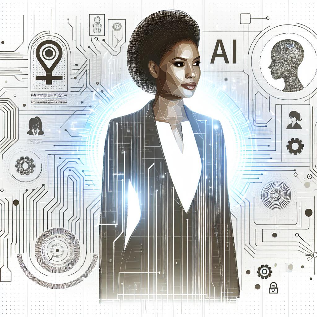 An image of a female tech executive with a background that reflects artificial intelligence. She stands prominently, radiating an aura of innovation and strategy with her presence. The executive is African American, projecting resilience and determination. The 2D, linear style rendering of the image has a corporate feel in a flat, vectorial style. The backdrop includes graphic elements such as circuits, in a symbolization of technology and innovation, which she represents. In addition, motifs of AI emphasize the company's focus on artificial intelligence. All of this is set against a white, textureless background, creating a contemporary and technological atmosphere.