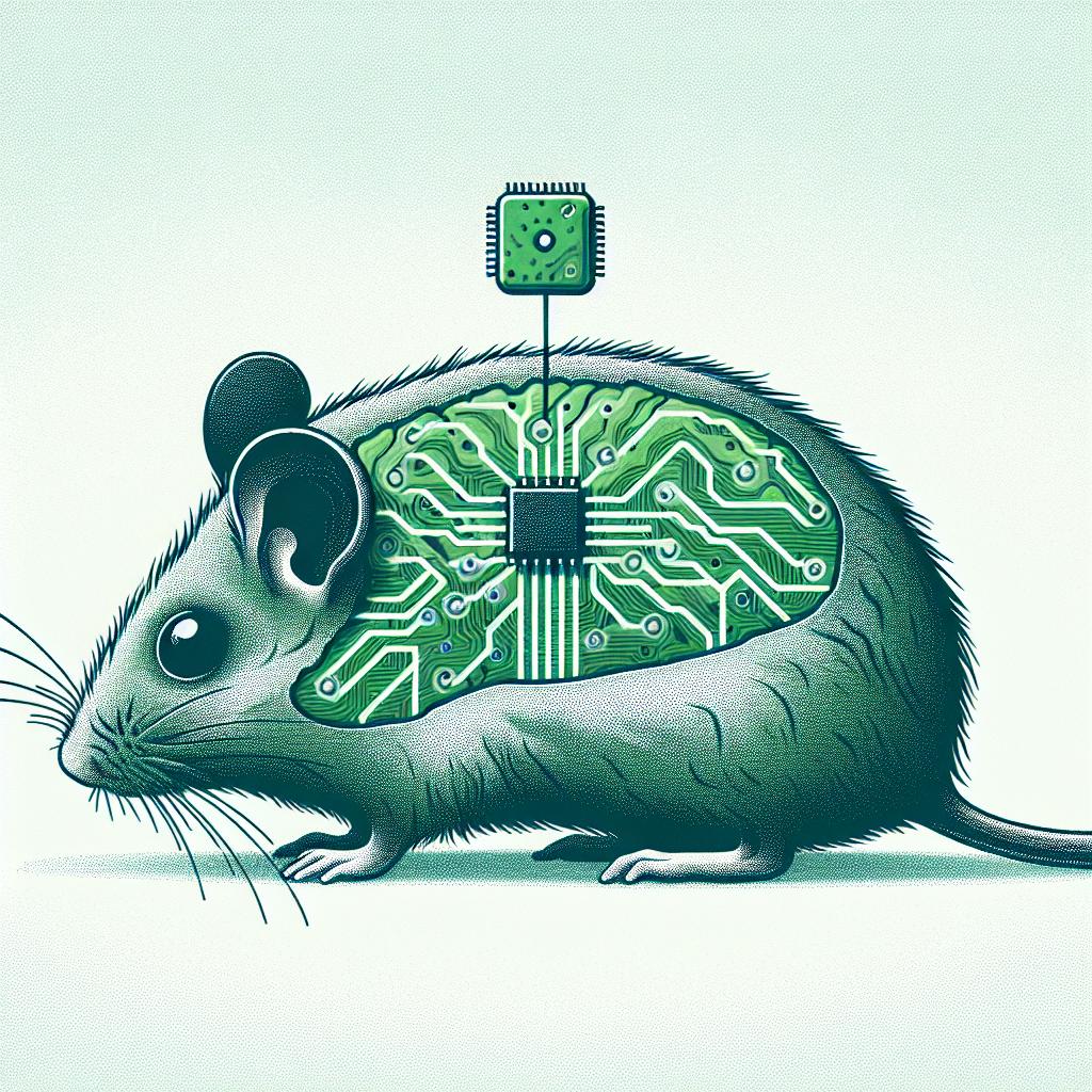 Create a 2D, flat illustration in a corporate style. Set against a white, textureless background, depict a biohybrid device implanted in a mouse's brain, made by Science Corp based in California. The device revolutionizes brain-machine interfaces by replacing metal electrodes with living neurons, enhancing communication between the brain and external devices. Use green to portray the neurons inserted in the device, while the brain tissue is shown in blue color. Circuit illustrations symbolize the connection between biology and technology, standing out against the soft background.