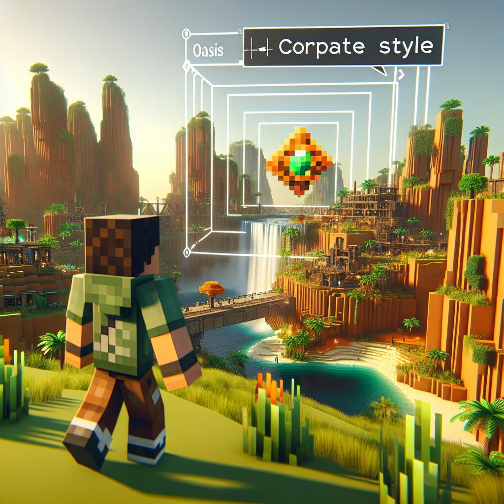 Show a 2D, flat, corporate style digital image on a white background representing a scene from an open world game. The image is inspired by Minecraft but is not confined to its visual rules, showcasing an avatar, which signifies a player exploring an AI-generated environment. The environment is rich and detailed, presenting a blend of natural landscapes and structures as a testament to the Oasis model by Decart, an Israeli AI company. The gameplay elements in the scene are vibrant, drawing the viewer's eye and emphasizing the dynamism of the game world.
