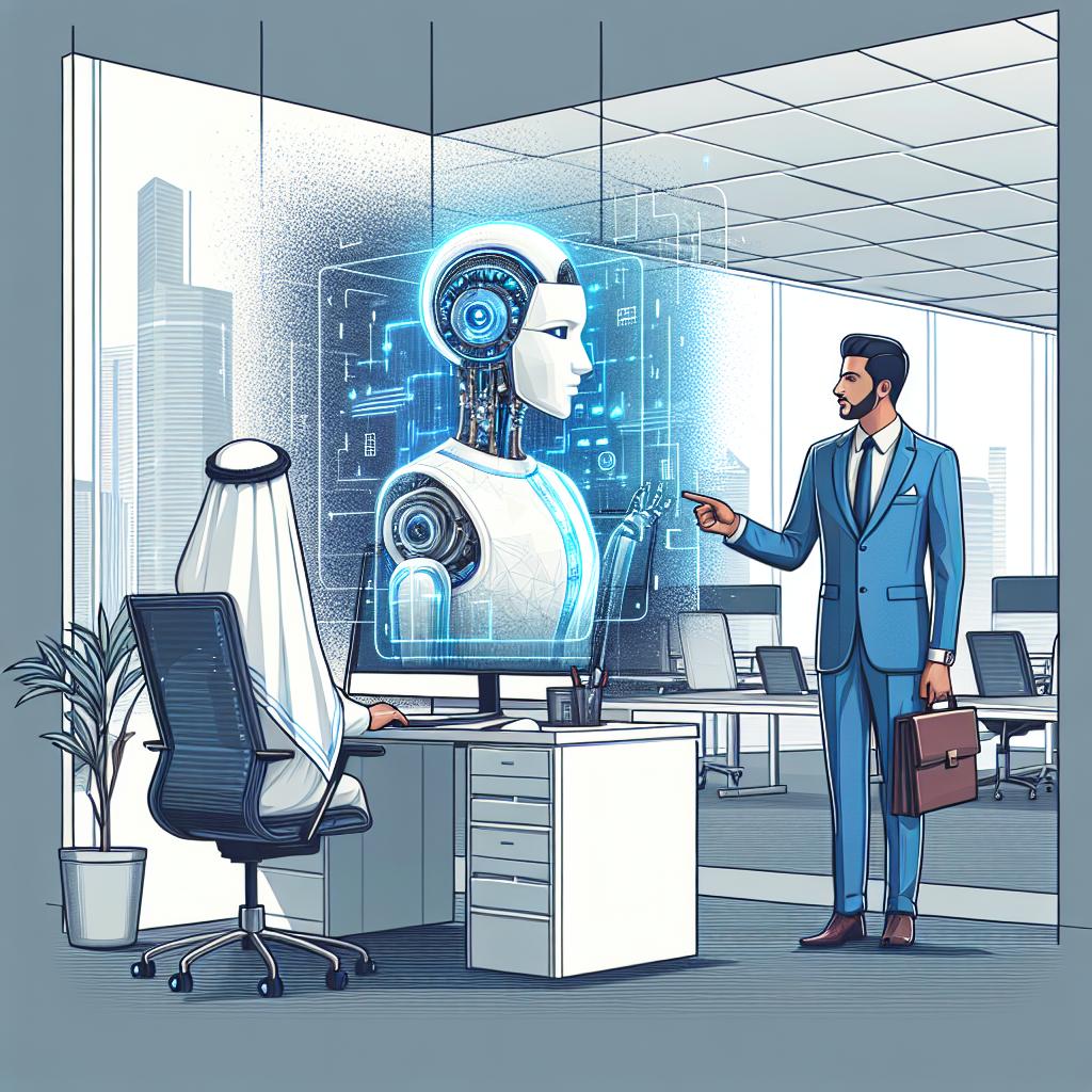 Create a 2D, linear perspective image in flat, corporate vector style. In this image, depict a modern office environment with a white and textureless background. A Middle-Eastern male digital client is observing the computer screen while interacting with a virtual sales agent. The agent is represented as a hologram, symbolizing cutting-edge technology. Additional elements in the image include the hologram, to represent AI technology innovation, and the corporate environment, to highlight its use in companies. The interaction between the client and the AI embodies their communication. Utilize contemporary colors that convey efficiency and elegance.